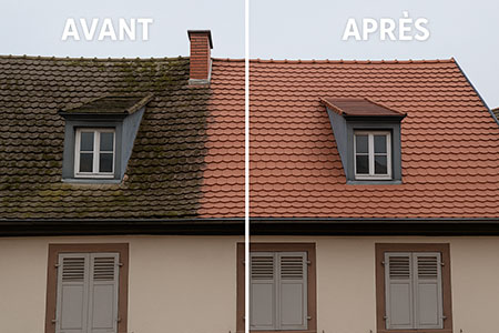 Démoussage de toit en tuiles plates de maison de ville à Strasbourg
