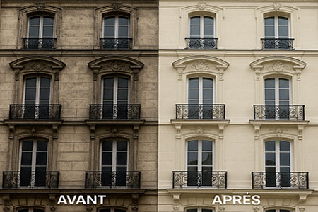 Traitement complet e façade en pierre immeuble de bureaux à Paris