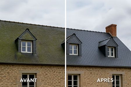 Nettoyage doux d’ardoises naturelles sur une longère rénovée à Rennes